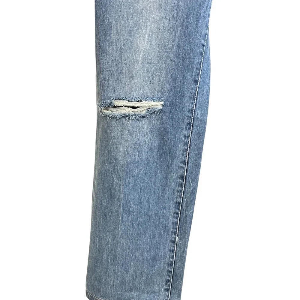 Lulus Women’s Denim Bib Overalls L Blue Distressed Straight Leg Adjustable